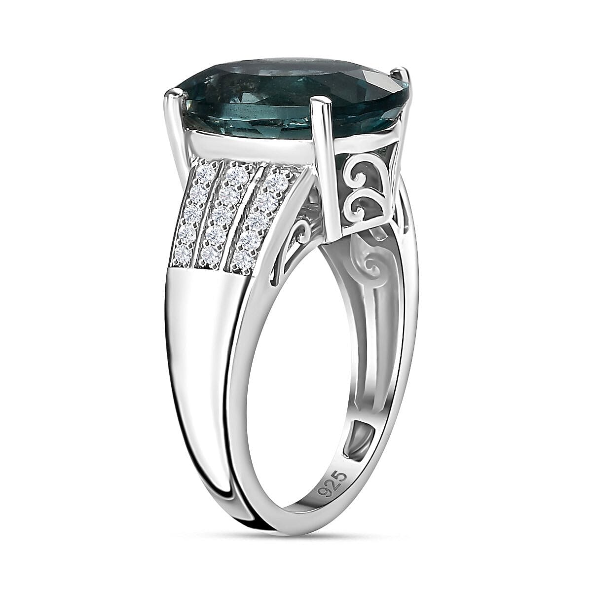 Teal Fluorite & Natural Zircon Ring in rhodium Sterling Silver 6.96 Ct