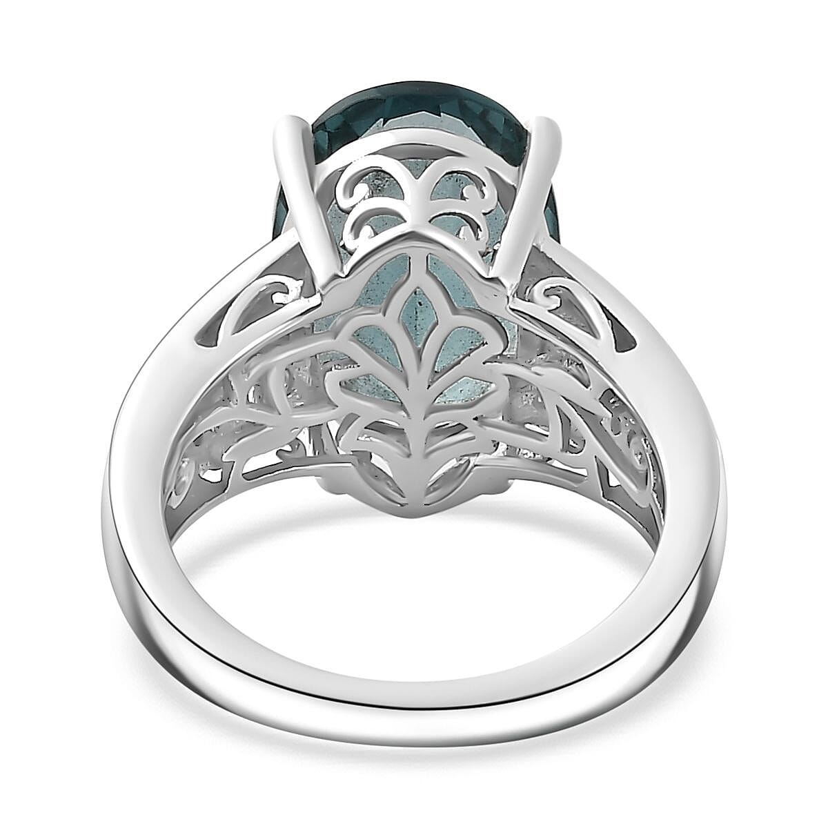 Teal Fluorite & Natural Zircon Ring in rhodium Sterling Silver 6.96 Ct