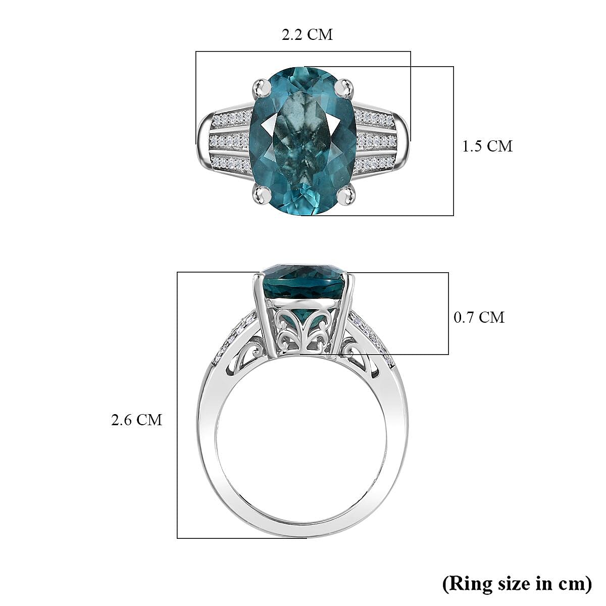 Teal Fluorite & Natural Zircon Ring in rhodium Sterling Silver 6.96 Ct