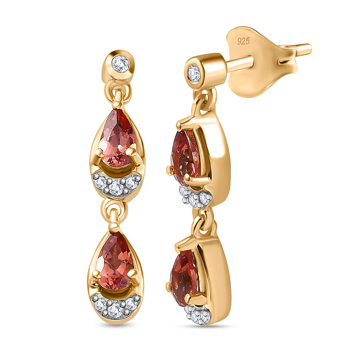 Tanzanian Blush Garnet & Natural Zircon Dangle Earrings in 18K Vermeil Yellow Gold Plated Sterling Silver 1.23 Ct.