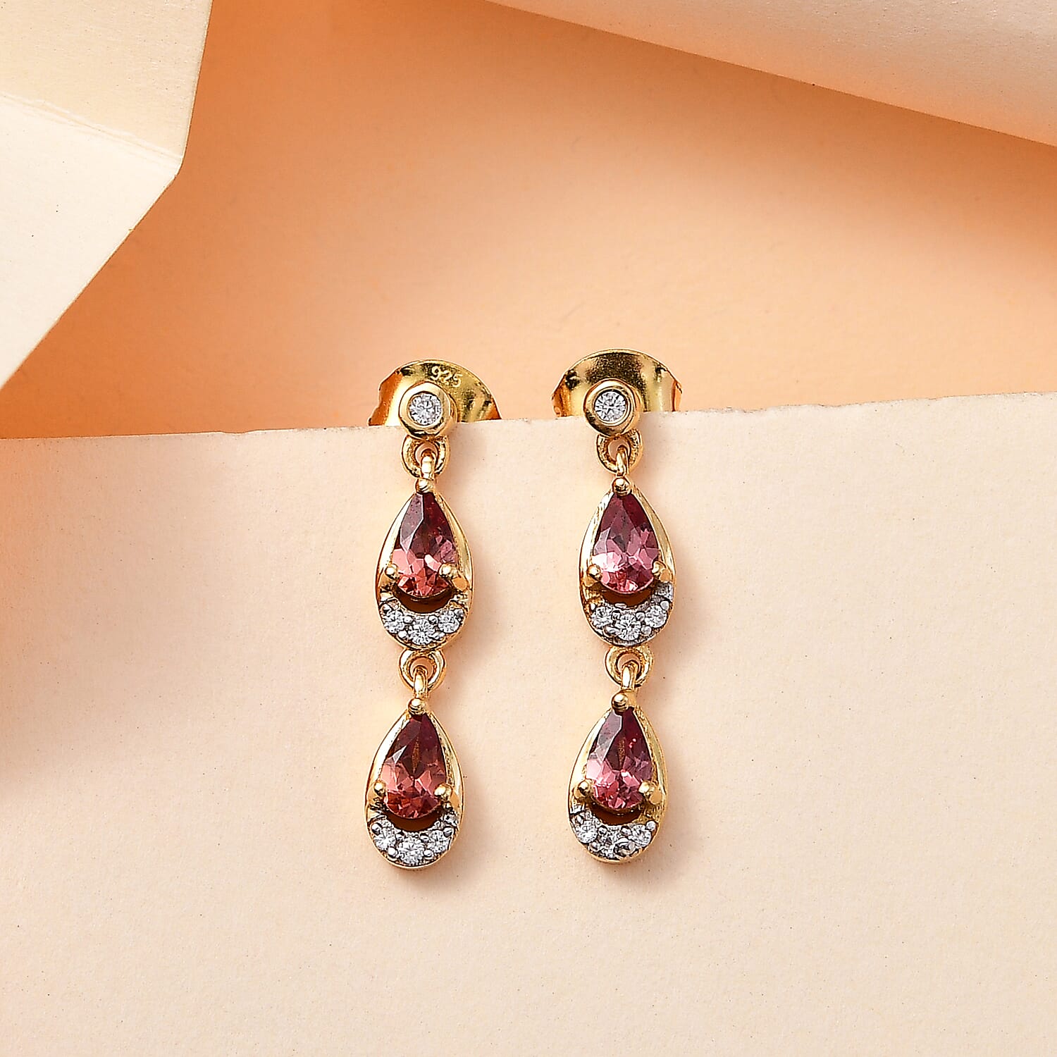 Tanzanian Blush Garnet & Natural Zircon Dangle Earrings in 18K Vermeil Yellow Gold Plated Sterling Silver 1.23 Ct.