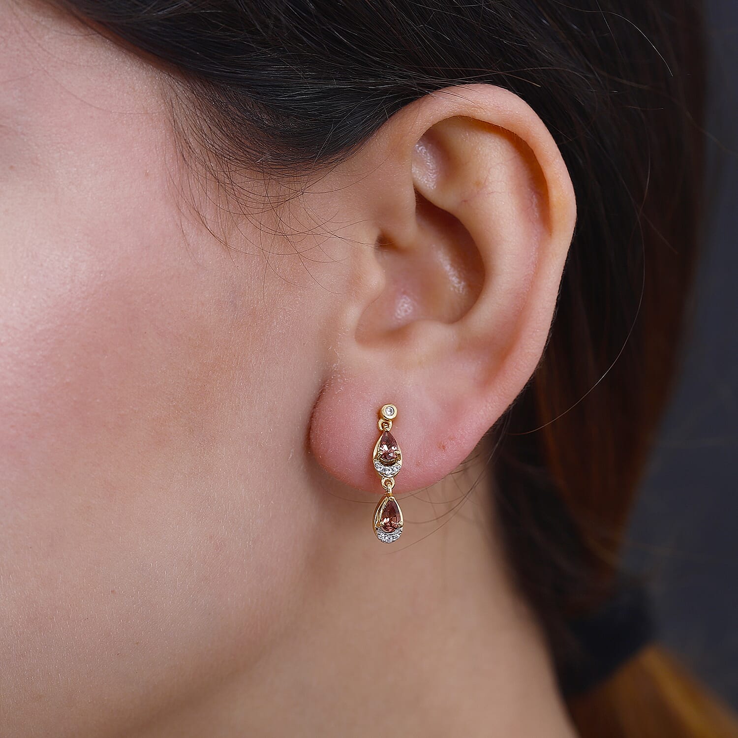 Tanzanian Blush Garnet & Natural Zircon Dangle Earrings in 18K Vermeil Yellow Gold Plated Sterling Silver 1.23 Ct.