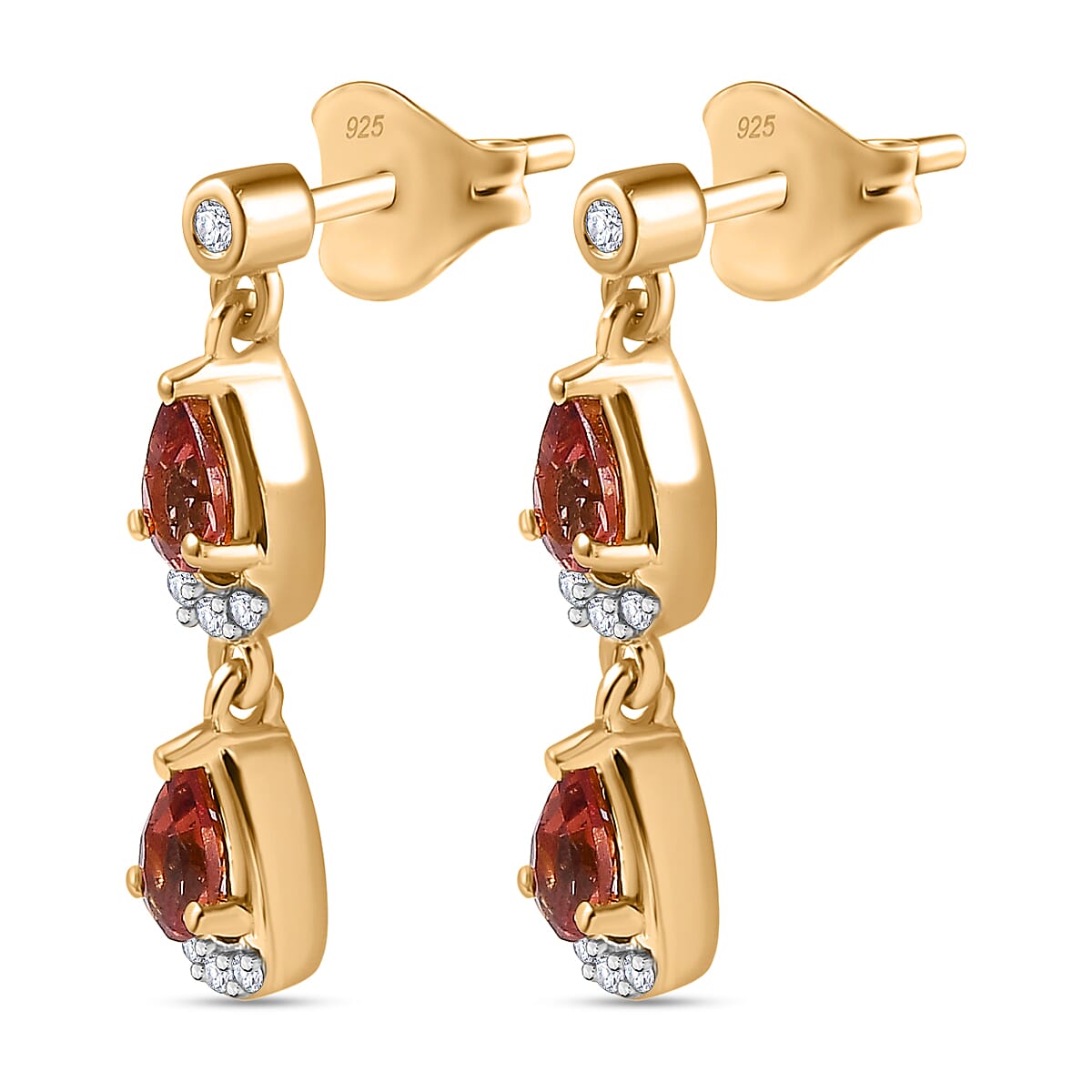 Tanzanian Blush Garnet & Natural Zircon Dangle Earrings in 18K Vermeil Yellow Gold Plated Sterling Silver 1.23 Ct.