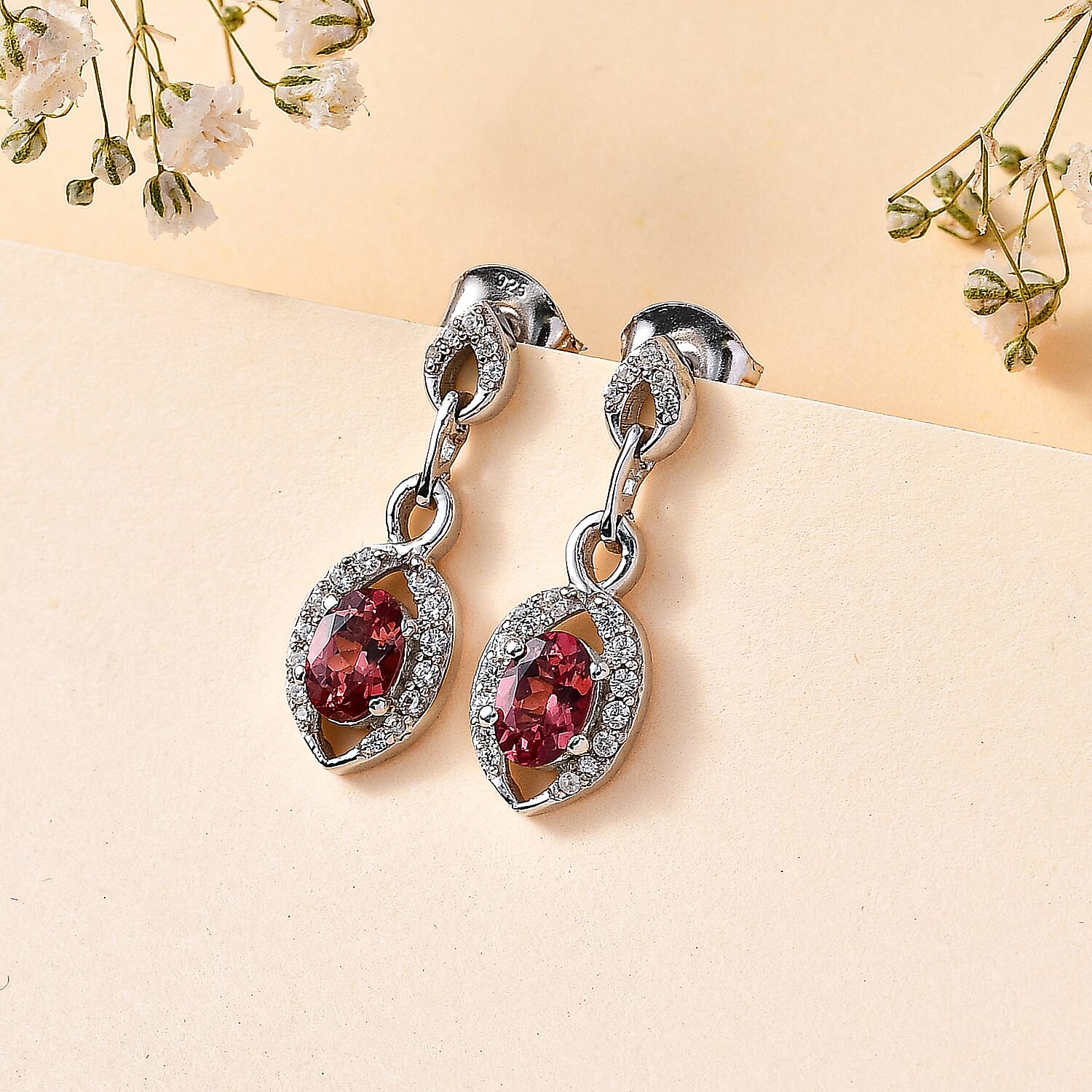 Tanzanian Blush Garnet & Natural Zircon Earrings in Rhodium Overlay Sterling Silver 1.50 Ct