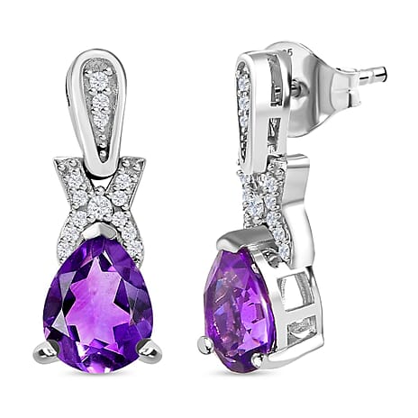 Moroccan Amethyst & Natural Zircon Stud Earrings in Rhodium Overlay Sterling Silver 3.35 Ct