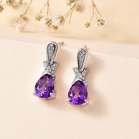 Moroccan Amethyst & Natural Zircon Stud Earrings in Rhodium Overlay Sterling Silver 3.35 Ct