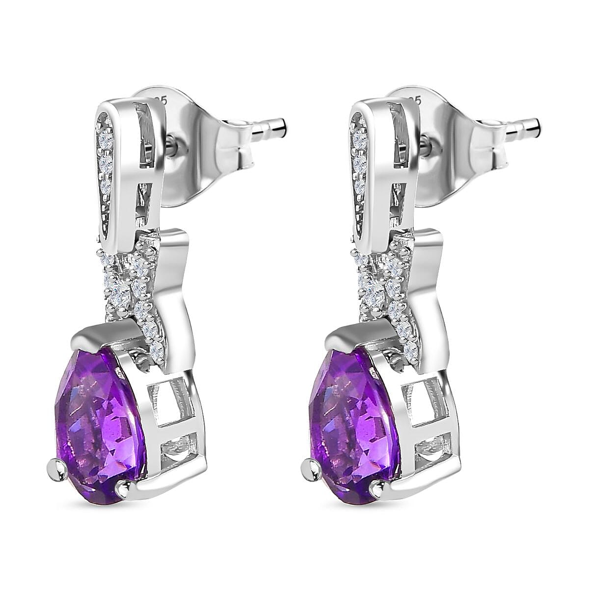 Moroccan Amethyst & Natural Zircon Stud Earrings in Rhodium Overlay Sterling Silver 3.35 Ct