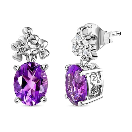 Moroccan Amethyst & Natural Zircon Stud Earrings in Rhodium Overlay Sterling Silver 3.68 Ct