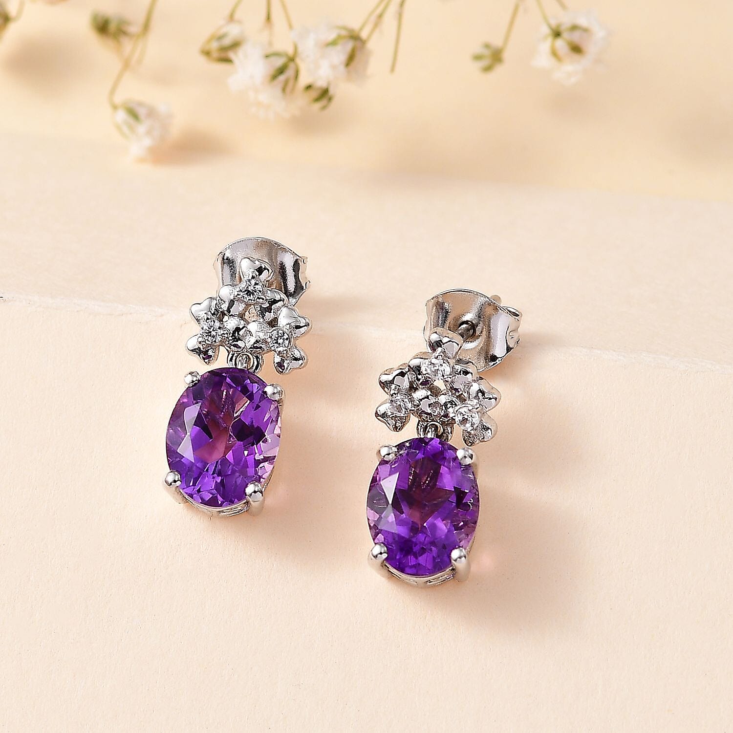Moroccan Amethyst & Natural Zircon Stud Earrings in Rhodium Overlay Sterling Silver 3.68 Ct