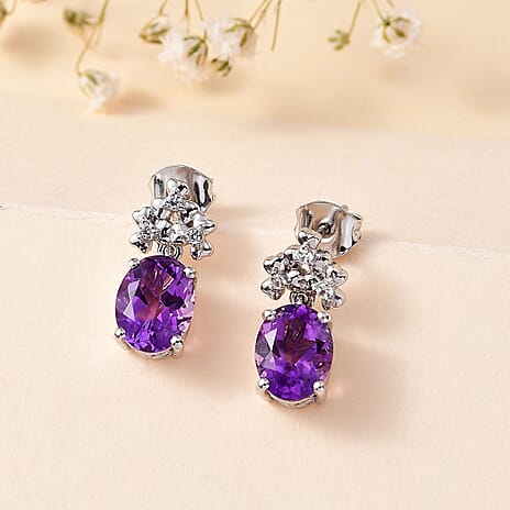 Moroccan Amethyst & Natural Zircon Stud Earrings in Rhodium Overlay Sterling Silver 3.68 Ct