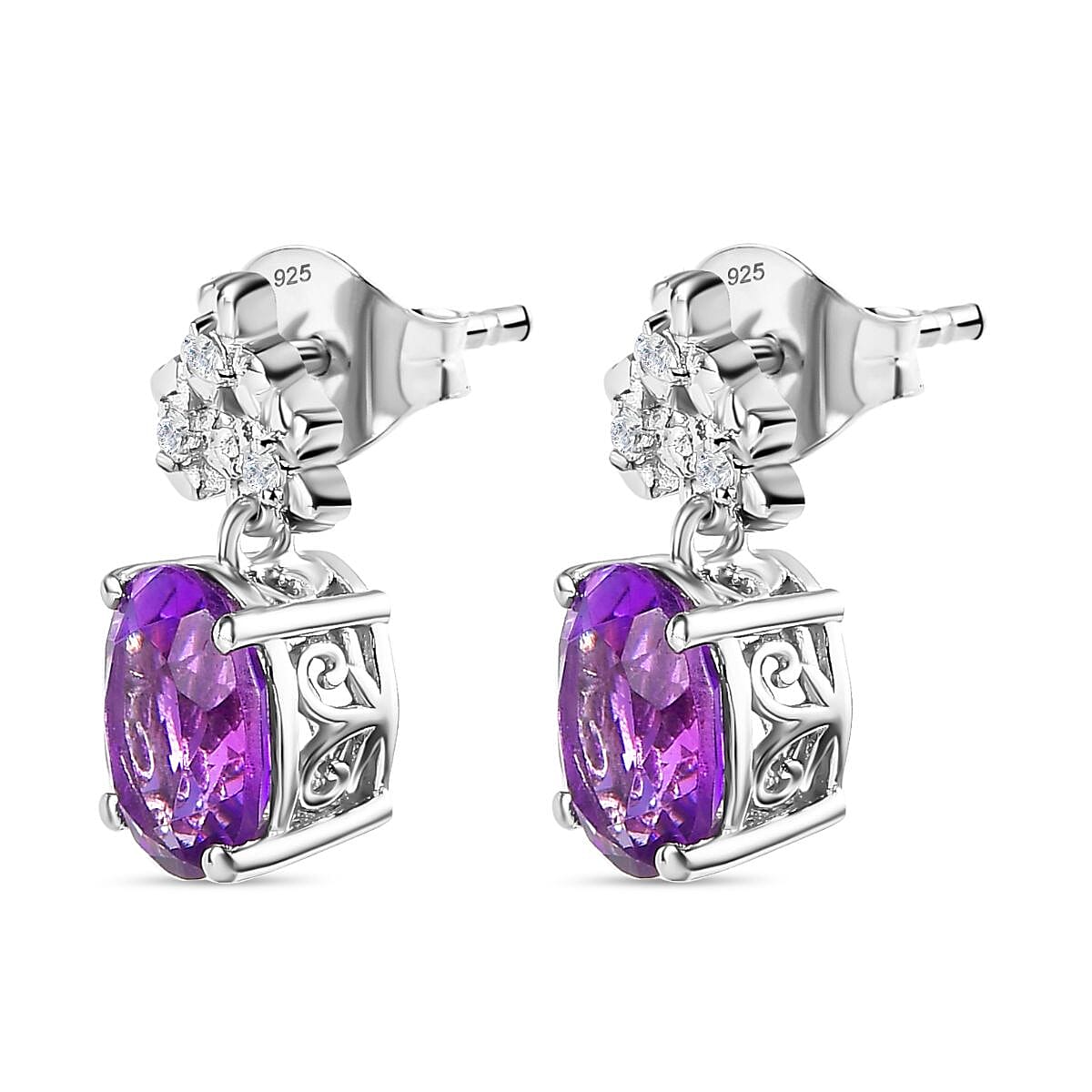 Moroccan Amethyst & Natural Zircon Stud Earrings in Rhodium Overlay Sterling Silver 3.68 Ct