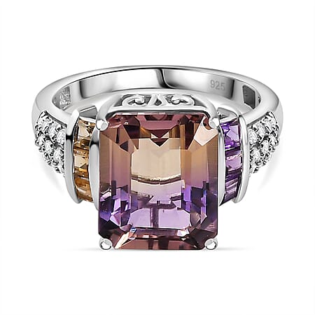 Premium Ametrine, Citrine, White Zircon, African Amethyst Ring in Rhodium Plated Sterling Silver,  6.723  Ct.