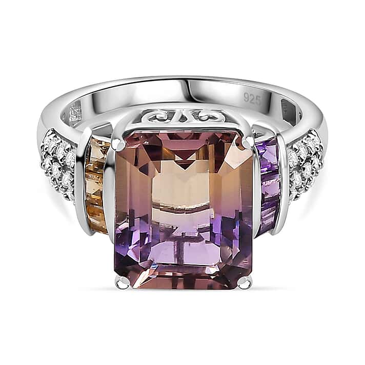 Premium Ametrine, Citrine, White Zircon, African Amethyst Ring in Rhodium Plated Sterling Silver, 6.723 Ct.