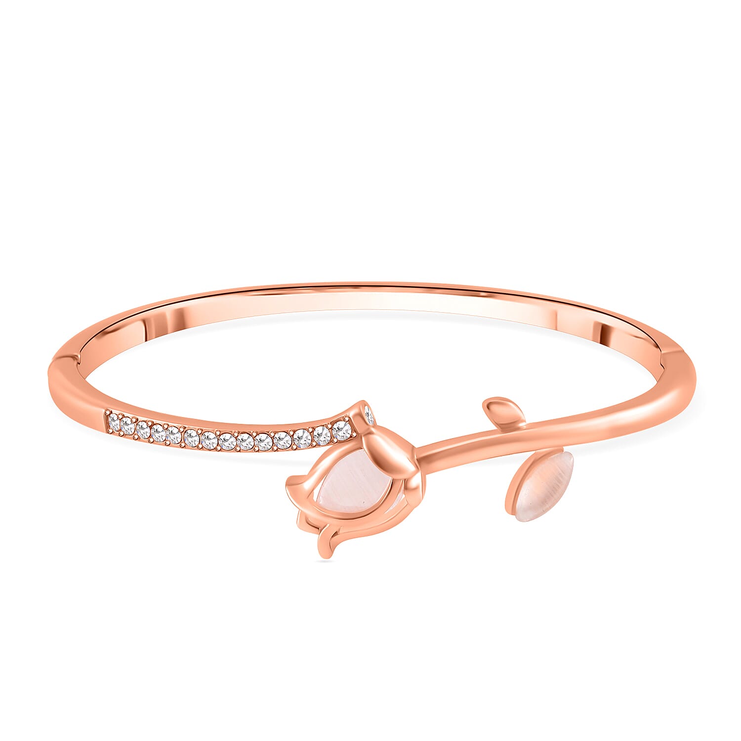 White Austrian Crystal & Created White Cats Eye Bangle (Size 7) in Rose Gold Tone