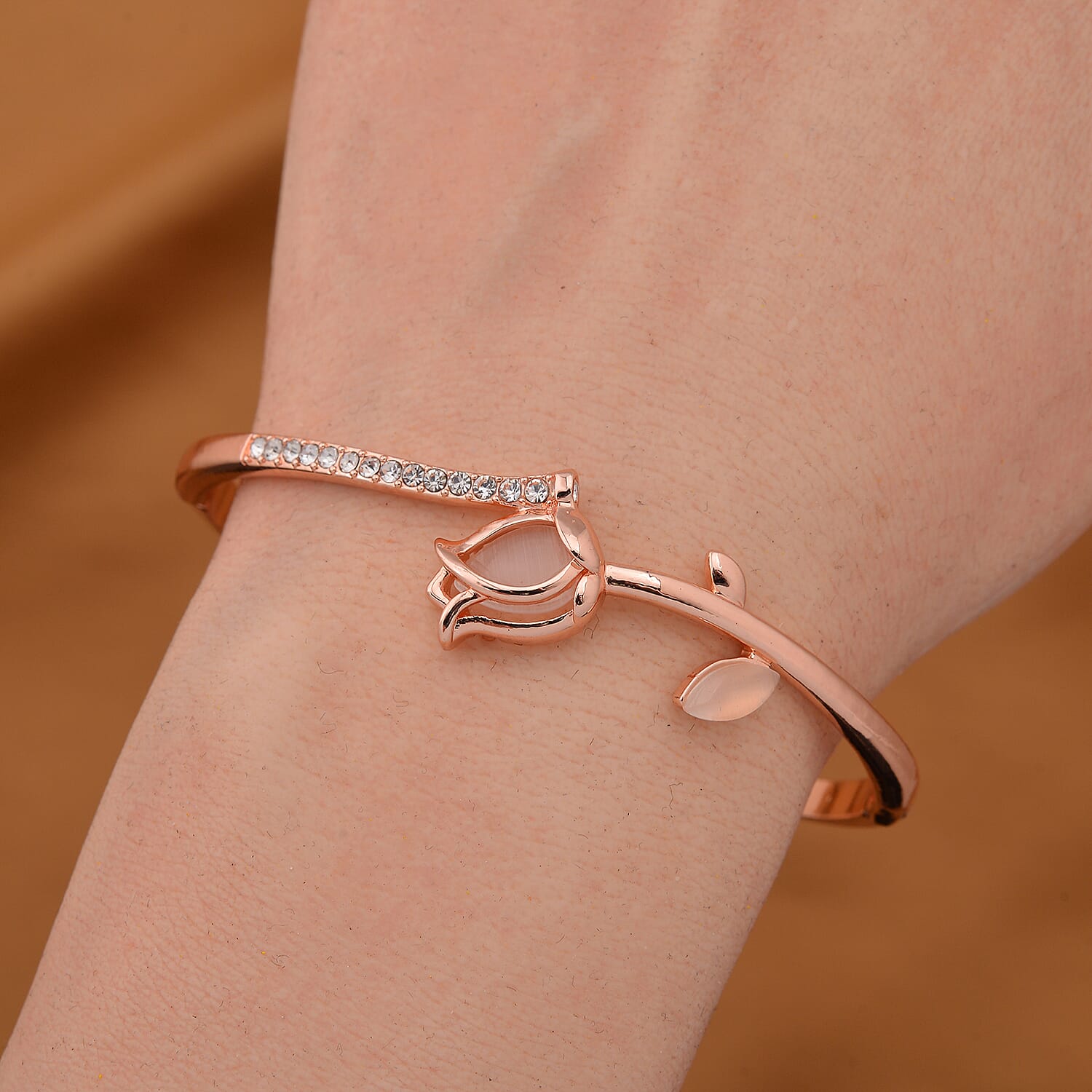 White Austrian Crystal & Created White Cats Eye Bangle (Size 7) in Rose Gold Tone
