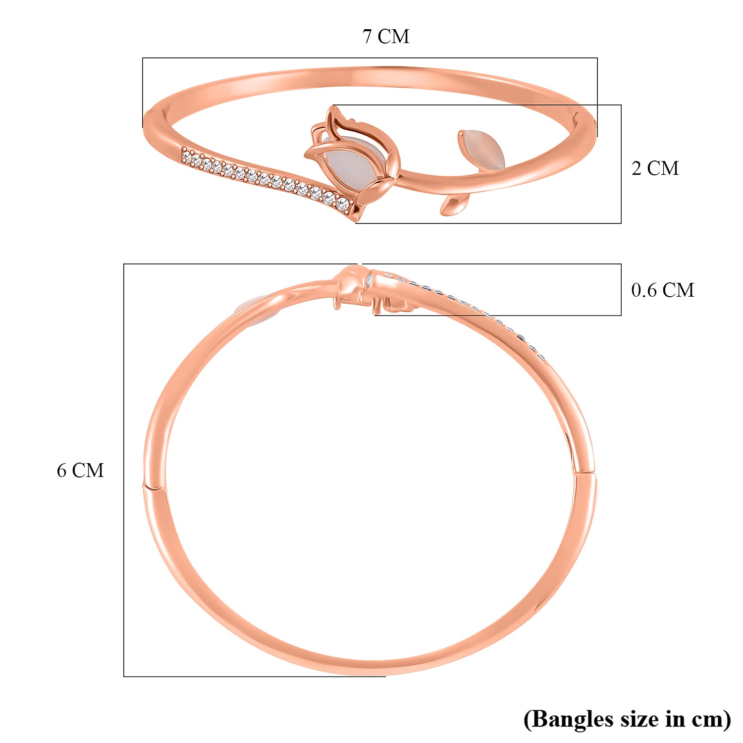 White Austrian Crystal & Created White Cats Eye Bangle (Size 7) in Rose Gold Tone