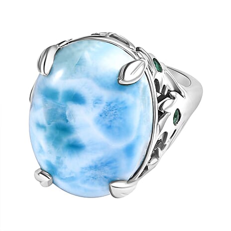 Collectors Dream - Rare Size Larimar with Gemfileds Zambian Emerald Designer Inspired Ring in Platinum Overlay Sterling Silver 18.75 Ct
