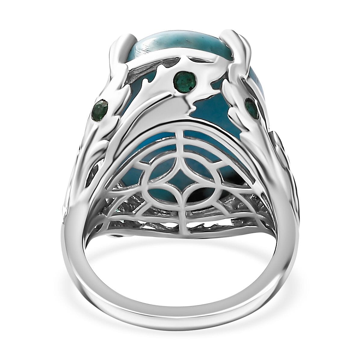 Collectors Dream - Rare Size Larimar with Gemfileds Zambian Emerald Designer Inspired Ring in Platinum Overlay Sterling Silver 18.75 Ct Collectors Dream - Rare Size Larimar with Gemfileds Zambian Emerald Designer Inspired Ring in Platinum Overlay Sterling Silver 18.75 Ct