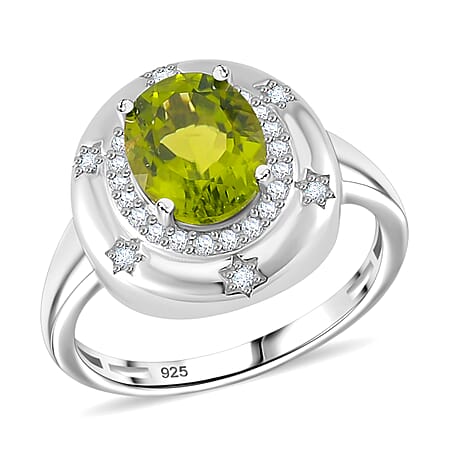Natural Premium Hebei Peridot and Moissanite Halo Ring in Rhodium Overlay Sterling Silver 2.98 ct