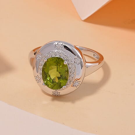 Natural Premium Hebei Peridot and Moissanite Solitaire Ring in rhodium Sterling Silver 2.98 ct