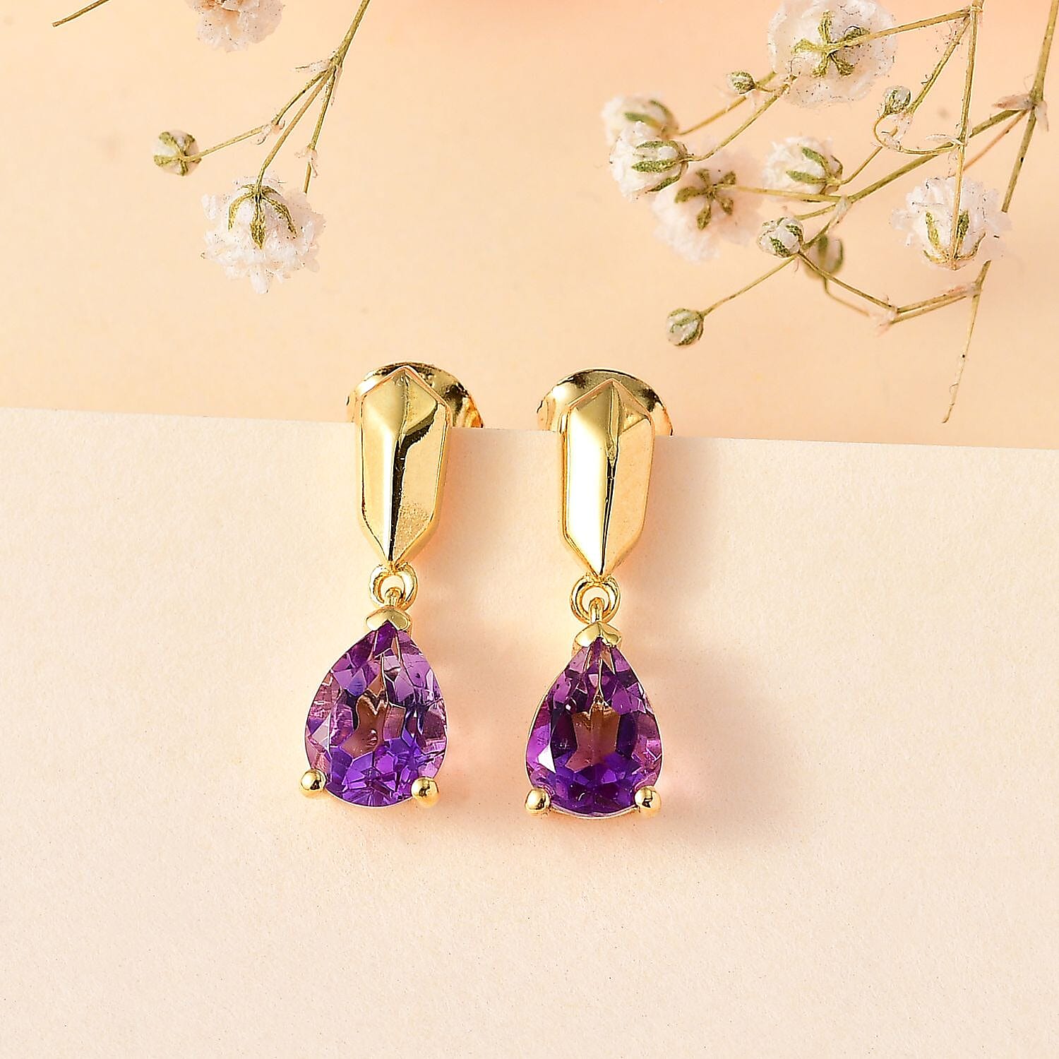 Moroccan Amethyst Solitaire Dangle Earrings in 18K YG Vermeil Plated Sterling Silver 2.00 Ct