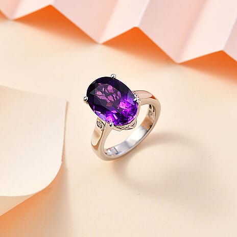 Moroccan Amethyst & Natural Zircon Ring in Rhodium Overlay Sterling Silver 5.84 Ct