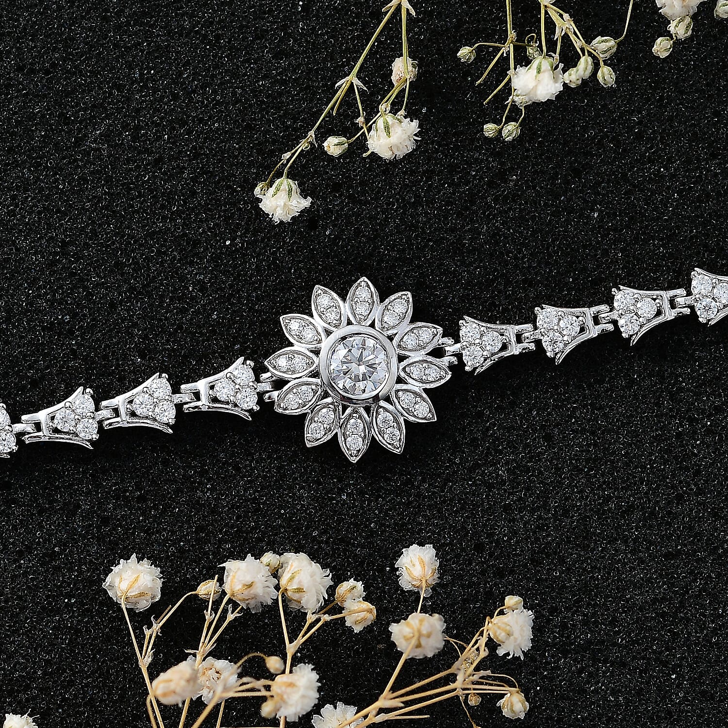 GP Italian Garden Collection - Moissanite Bracelet (Size - 7.5) in Rhodium Overlay Sterling Silver Wt. 11.92 Gms