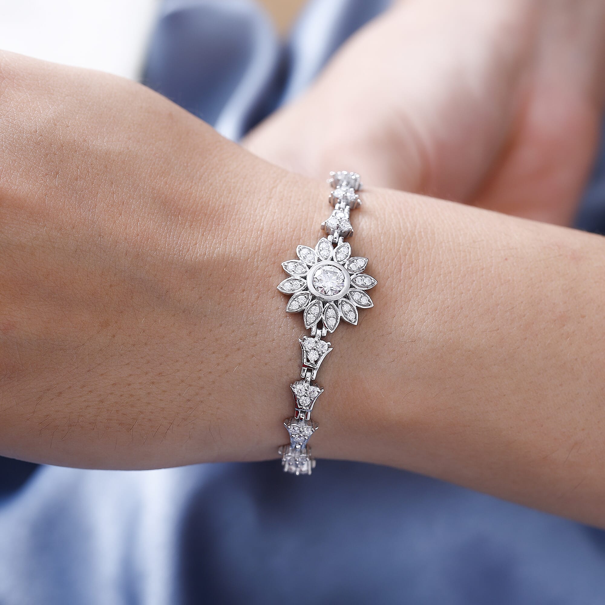 GP Italian Garden Collection - Moissanite Bracelet (Size - 7.5) in Rhodium Overlay Sterling Silver Wt. 11.92 Gms