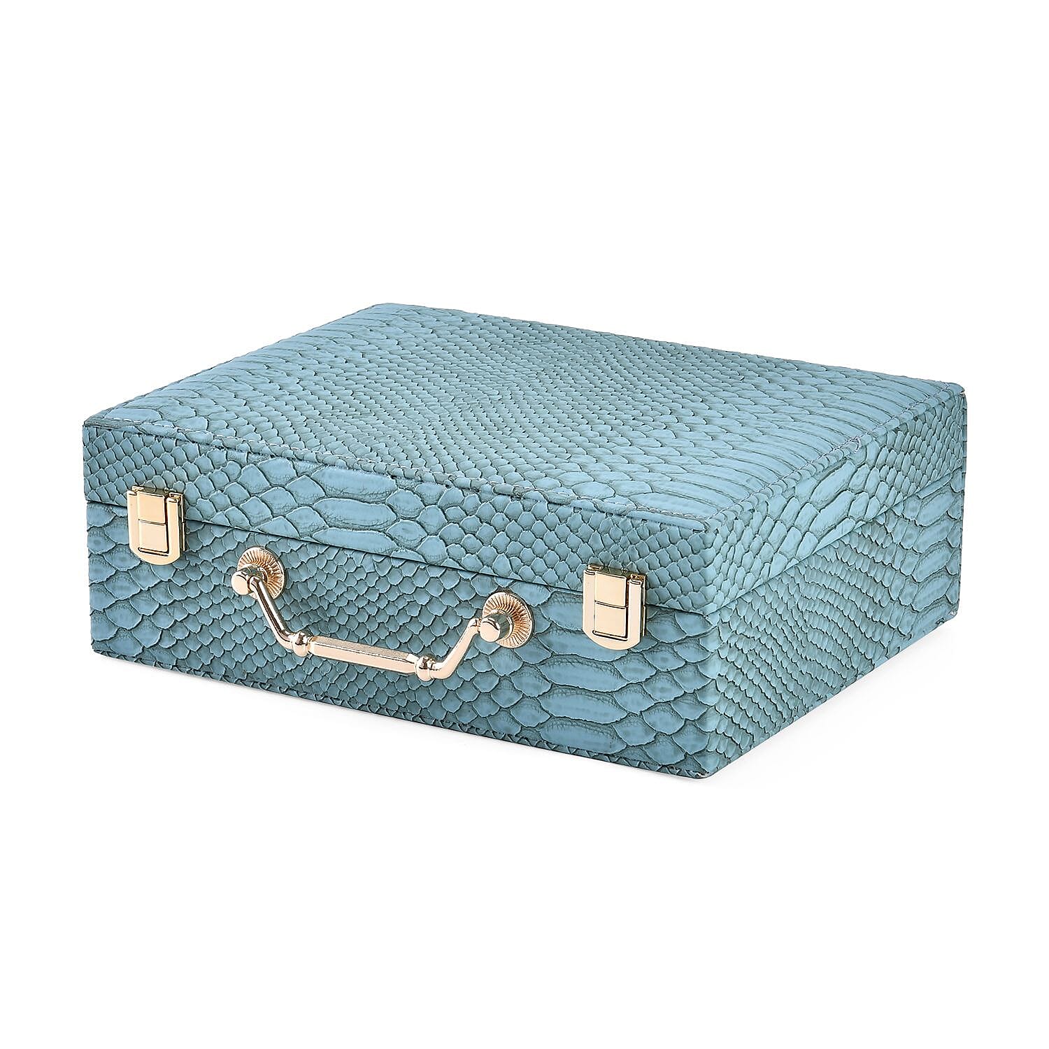 Set of 2 Leatherette Snake Skin Pattern Jewellery Box (Size Large-Small) - Turquoise Blue