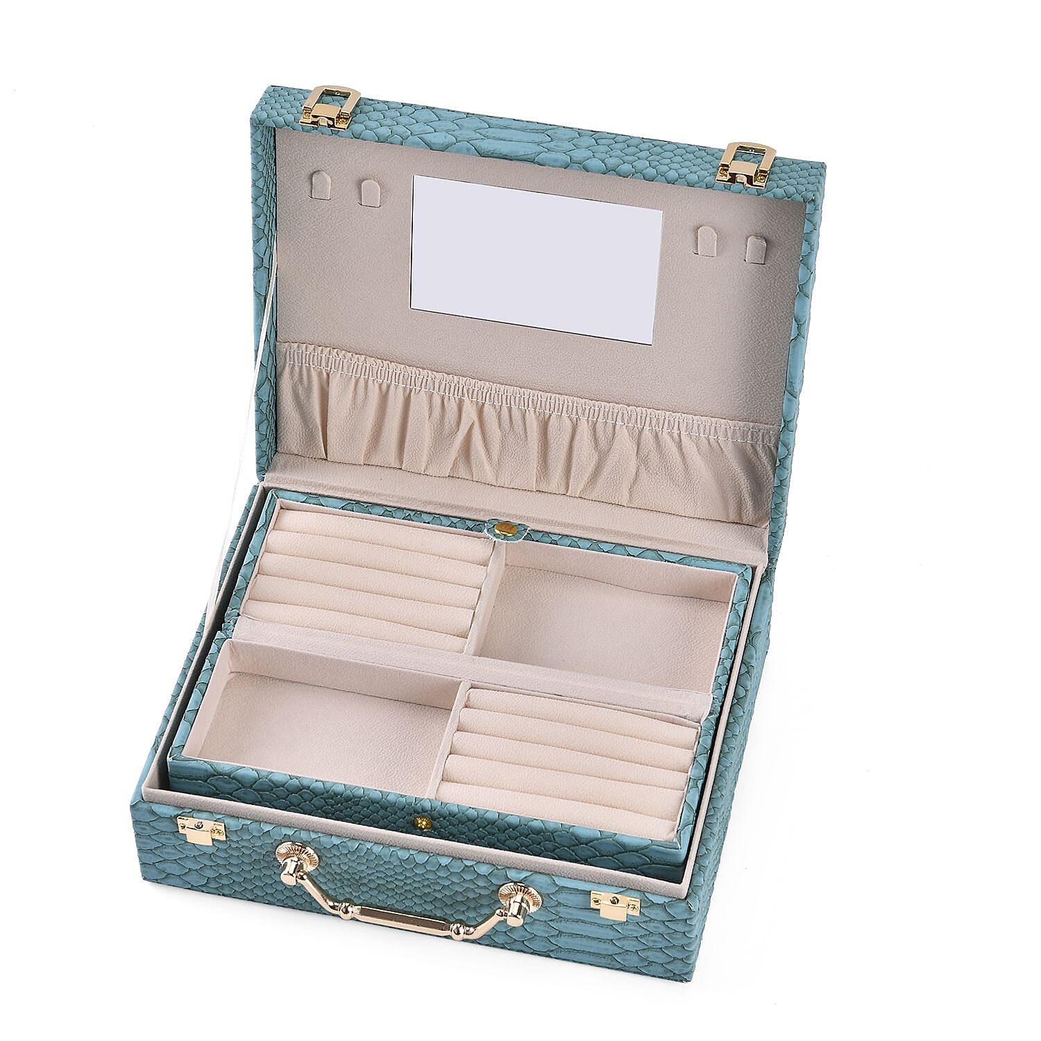 Set of 2 Leatherette Snake Skin Pattern Jewellery Box (Size Large-Small) - Turquoise Blue