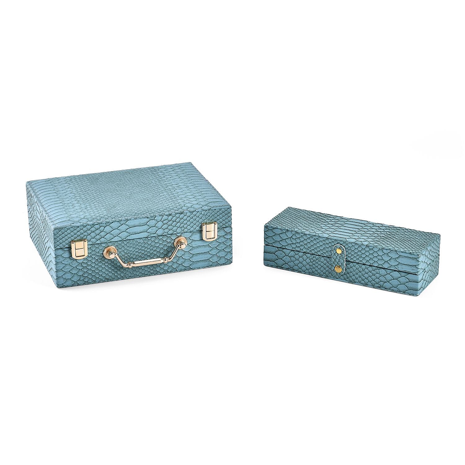 Set of 2 Leatherette Snake Skin Pattern Jewellery Box (Size Large-Small) - Turquoise Blue