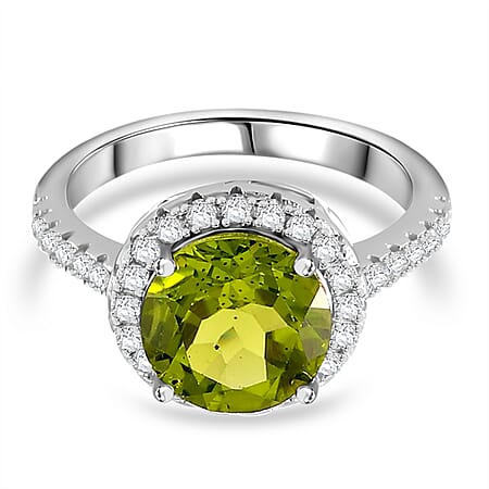 Hebei Peridot and Moissanite Halo Ring in Rhodium Overlay Sterling Silver 5.08 Ct.