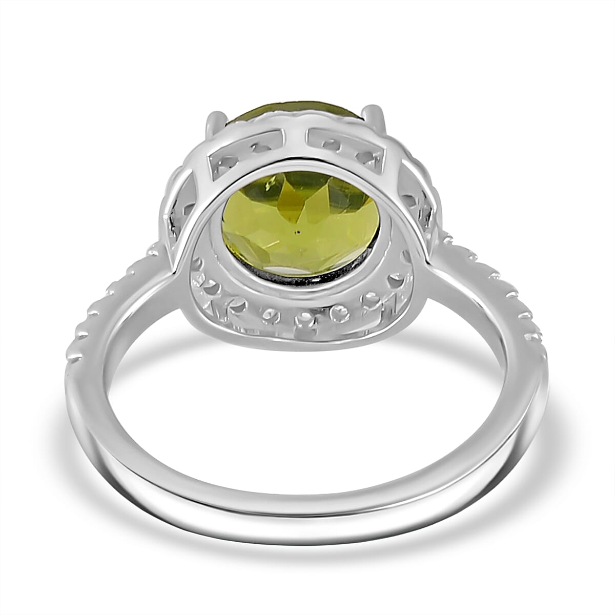 Hebei Peridot and Moissanite Halo Ring in Rhodium Overlay Sterling Silver 5.08 Ct. Hebei Peridot and Moissanite Halo Ring in Rhodium Overlay Sterling Silver 5.08 Ct.