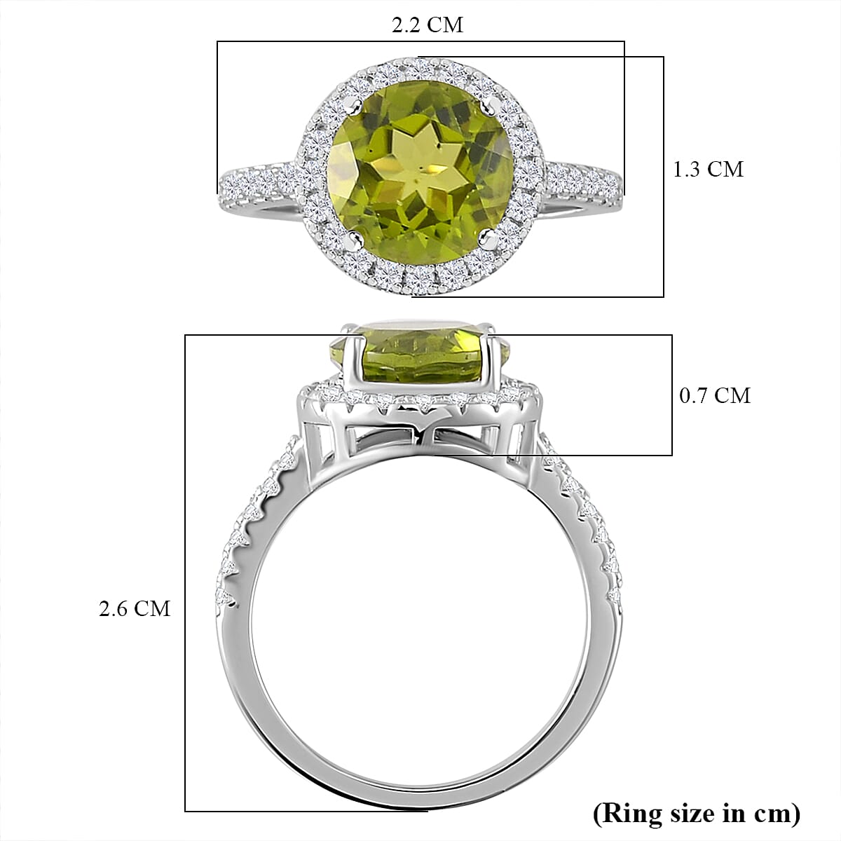 Hebei Peridot and Moissanite Halo Ring in Rhodium Overlay Sterling Silver 5.08 Ct. Hebei Peridot and Moissanite Halo Ring in Rhodium Overlay Sterling Silver 5.08 Ct.