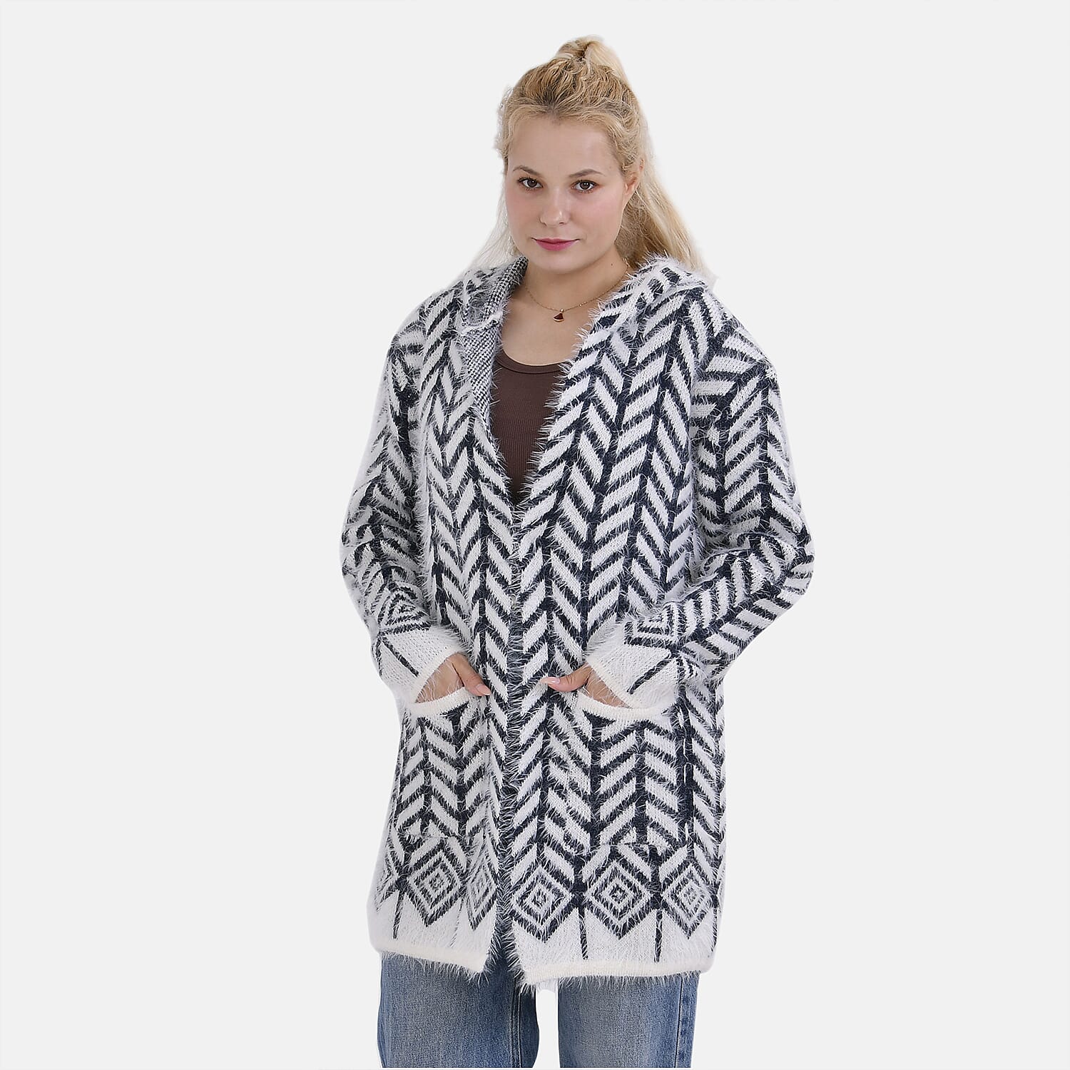 Tamsy Winter Coatigan with Hoodie (Size 8-20) Navy & White