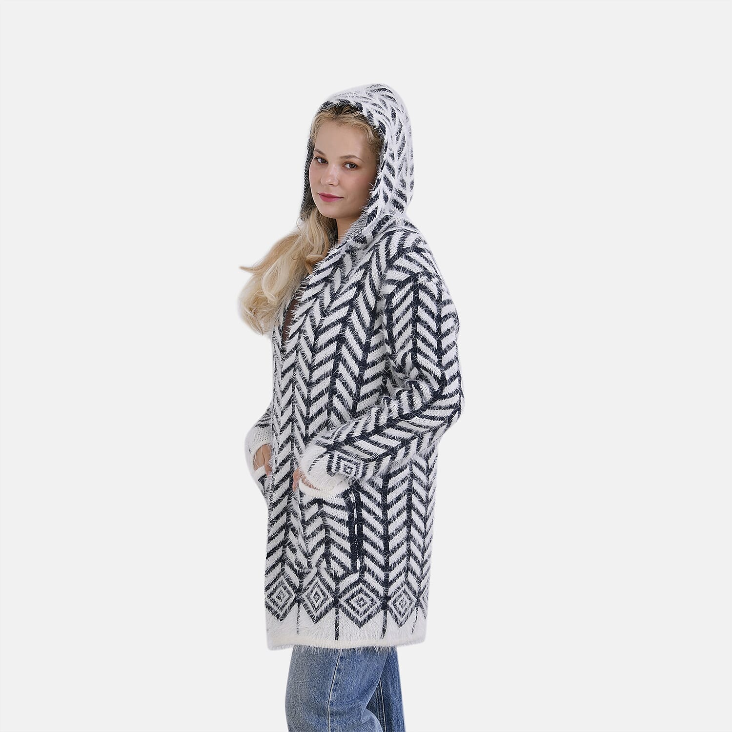 Tamsy Winter Coatigan with Hoodie (Size 8-20) Navy & White