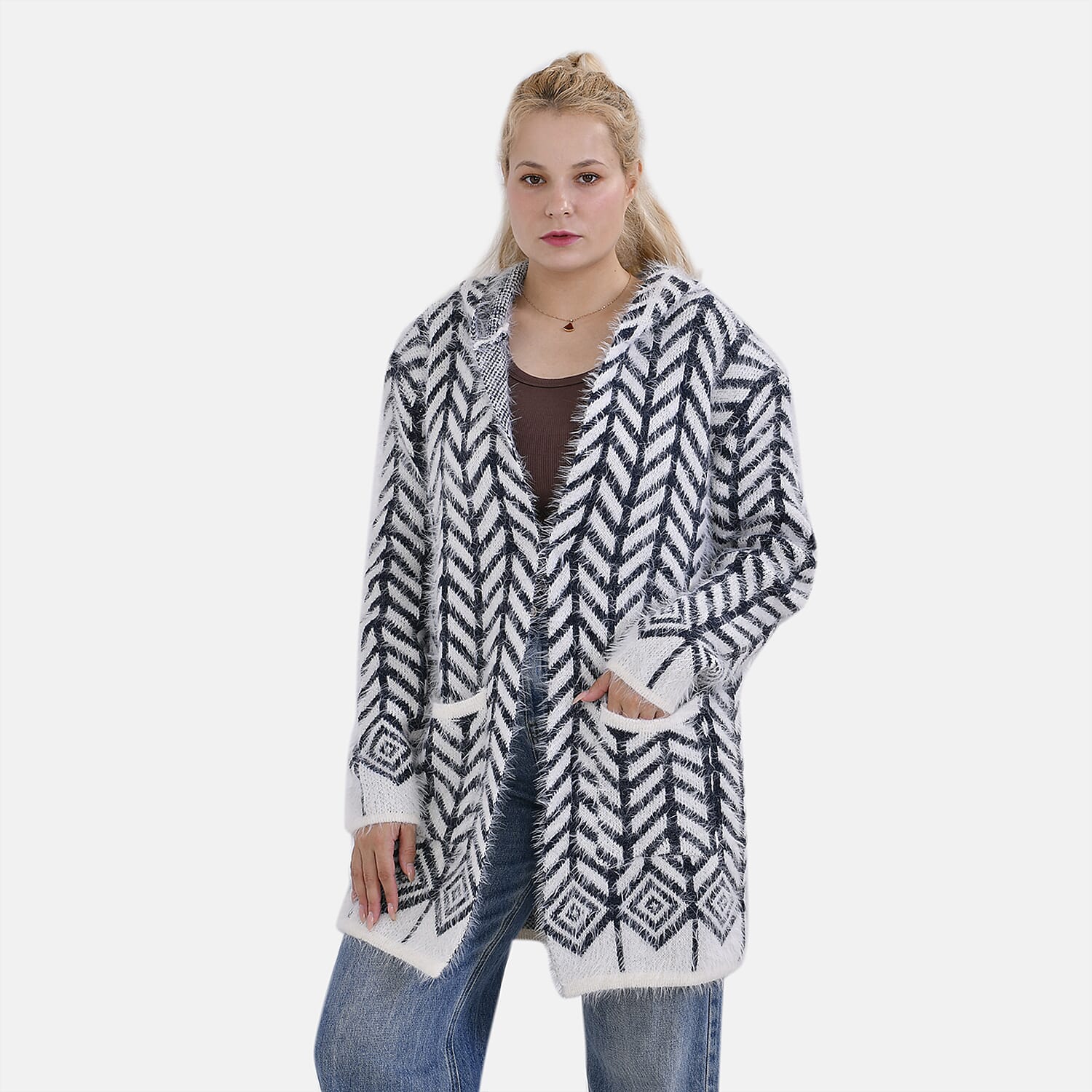 Tamsy Winter Coatigan with Hoodie (Size 8-20) Navy & White