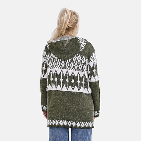 Tamsy Winter Coatigan with Hoodie (Size 8-20) Green & White