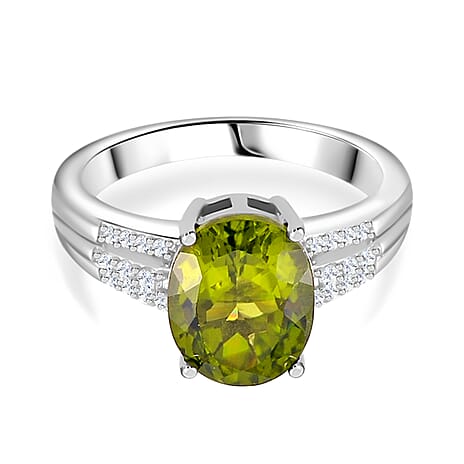 Natural Hebei Peridot & Moissanite Ring in Rhodium Overlay Sterling Silver 3.72 Ct