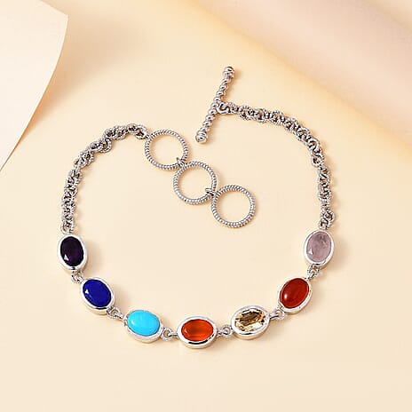 Biggest Deal - Multi Gemstone Bracelet (Size - 7.5) in Rhodium Overlay Sterling Silver 8.18 Ct, Silver Wt. 10.86 Gms.