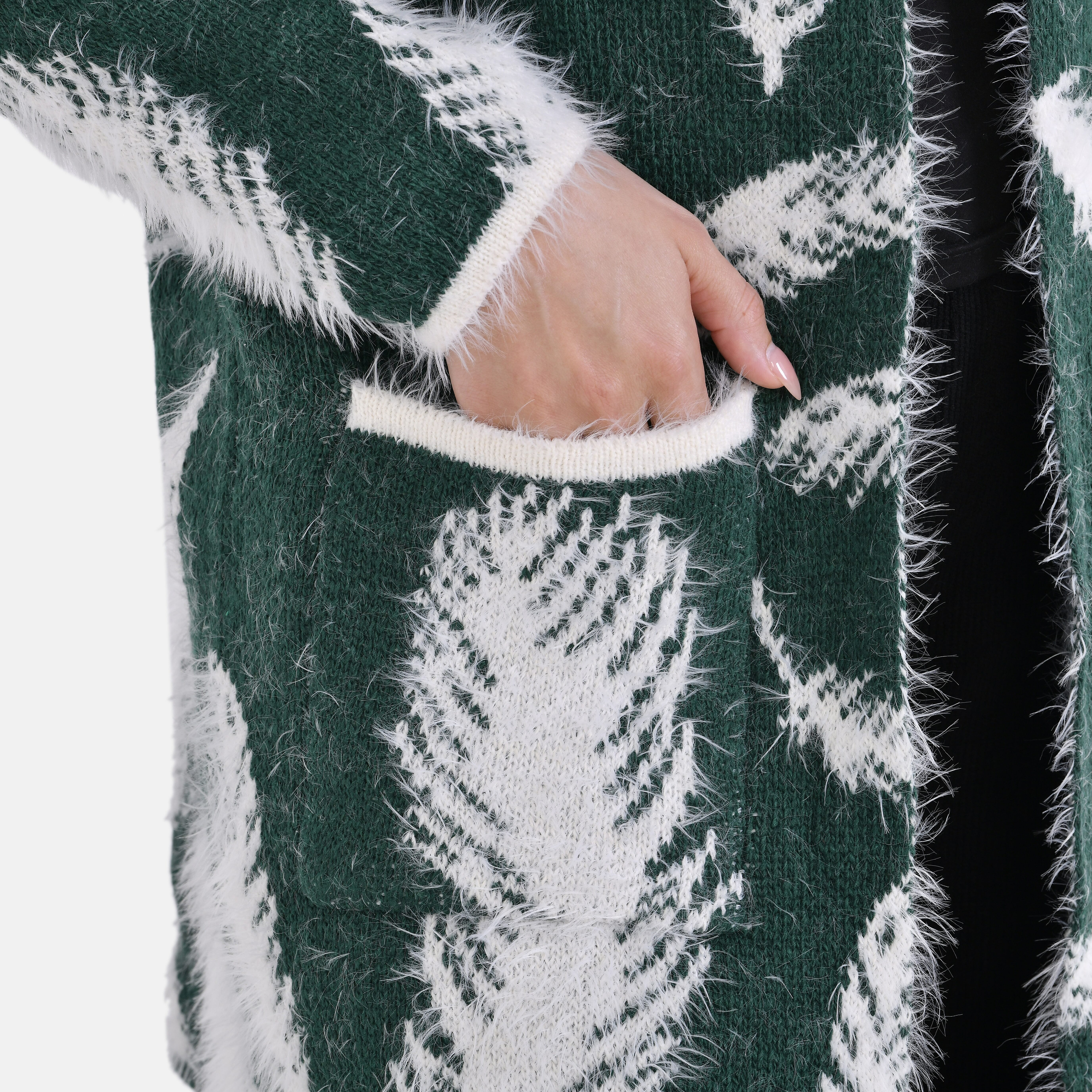 Tamsy Leaf Patterned Coatigan with Pockets (Size - One Size) - Green