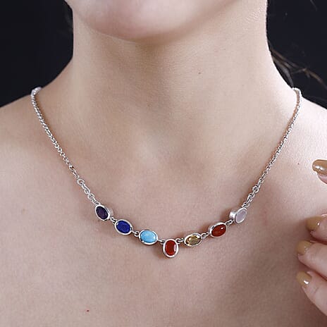 Biggest Deal- Multi GemstoneNecklace (Size - 20) in Rhodium Sterling Silver 8.50Ct ct,  Silver Wt. 11 Gram