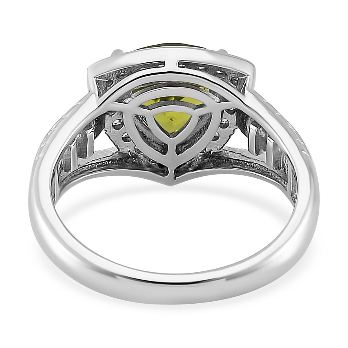 Hebei Peridot and Moissanite Halo Ring in Rhodium Overlay Sterling Silver 3.34 ct, Silver Wt. 5.5 Gms Hebei Peridot and Moissanite Halo Ring in Rhodium Overlay Sterling Silver 3.34 ct, Silver Wt. 5.5 Gms
