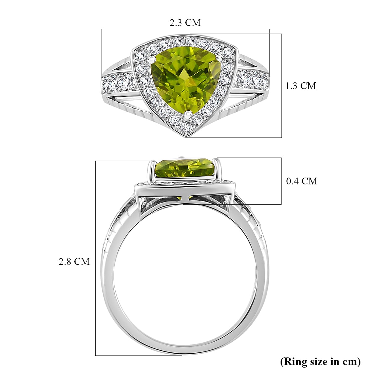Hebei Peridot and Moissanite Halo Ring in Rhodium Overlay Sterling Silver 3.34 ct, Silver Wt. 5.5 Gms Hebei Peridot and Moissanite Halo Ring in Rhodium Overlay Sterling Silver 3.34 ct, Silver Wt. 5.5 Gms