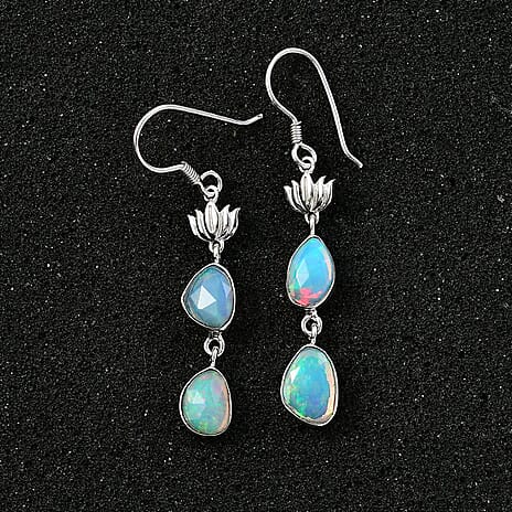 Ethiopian Opal  Solitaire Lever Back Earring in rhodium Sterling Silver 2.62 ct  2.620  Ct.