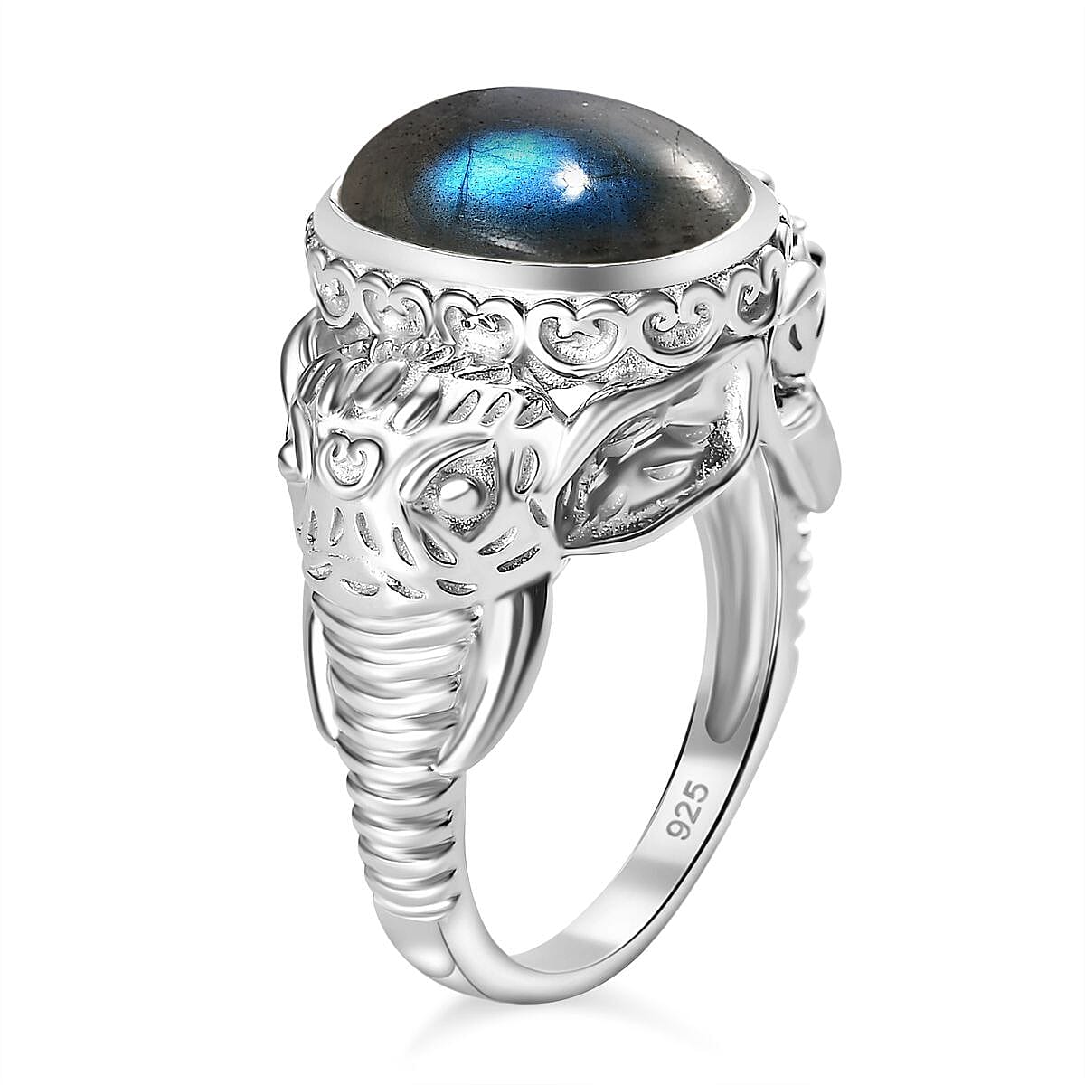 Labradorite  Solitaire Ring in rhodium Sterling Silver 7.00 ct,  Silver Wt. 11.48 Gms