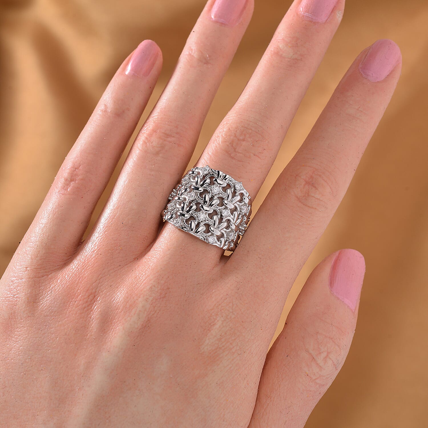 Designer Inspired Closeout - Moissanite  Fancy Ring in Platinum Overlay Sterling Silver Wt. 8 Gms