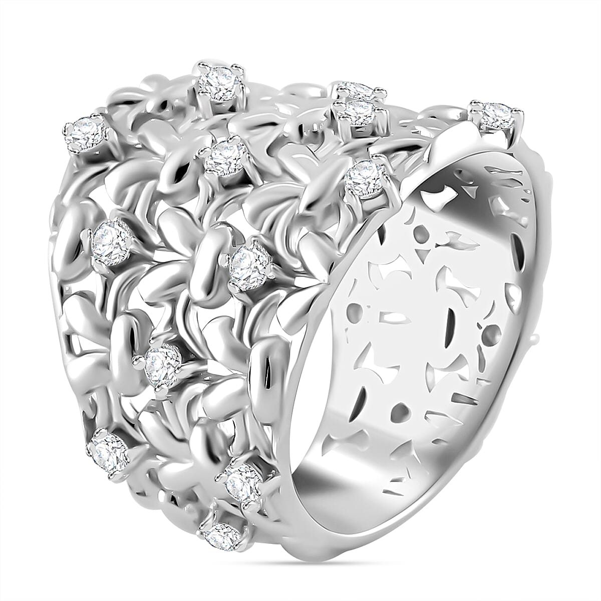 Designer Inspired Closeout - Moissanite  Fancy Ring in Platinum Overlay Sterling Silver Wt. 8 Gms