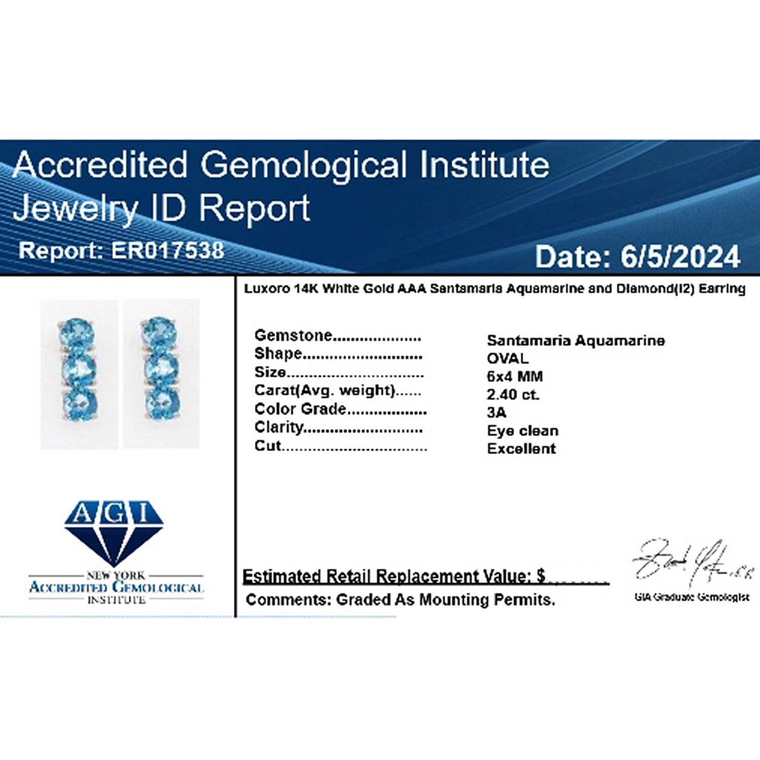 14K W Gold  AAA   Santamaria Aquamarine  Earring 2.40 ct,  Gold Wt. 2.09 Gms  2.400  Ct.