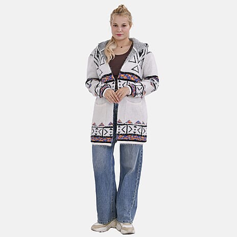 Tamsy Cozy Coatigan with Hoodie (Size 8 to 20) - White Multi